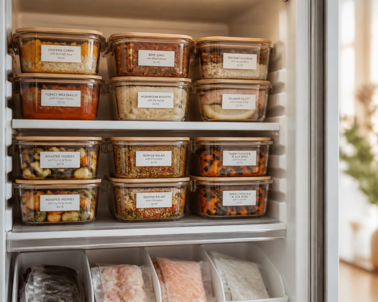 Freezer organizado com refeições preparadas em potes, representando o resultado do Método Freezer Inteligente